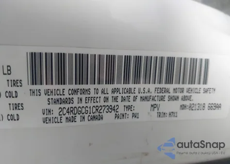 2012 Dodge Grand Caravan Sxt из США, поврежденный, VIN 2C4RDGCG1CR273942